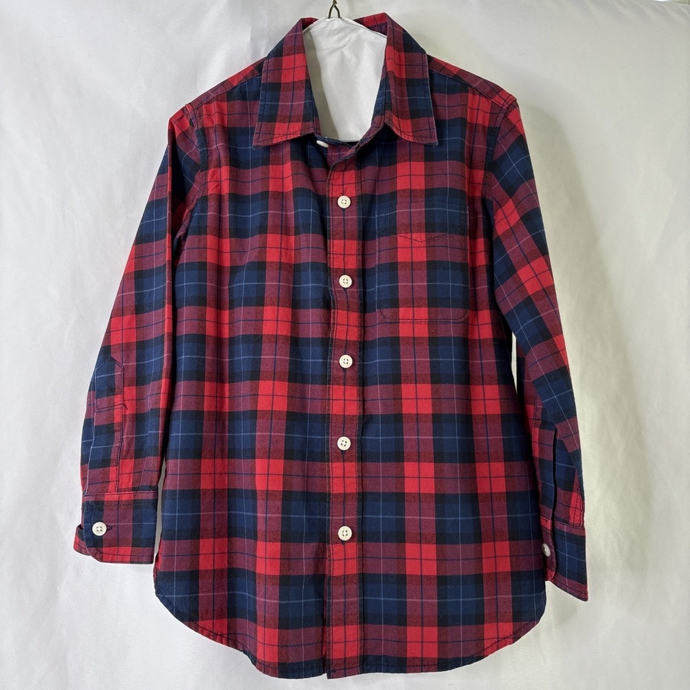 Gap Kids Boys Small Long Sleeve Button Down Shirt Plaid Red Blue Holiday